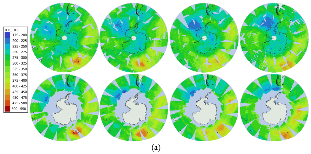 Spatio-temporal distribution of total ozone columns (TOCs) around the South Pole in July and August 2020 by the IKSF-2 spectrometer ©Remote Sensing