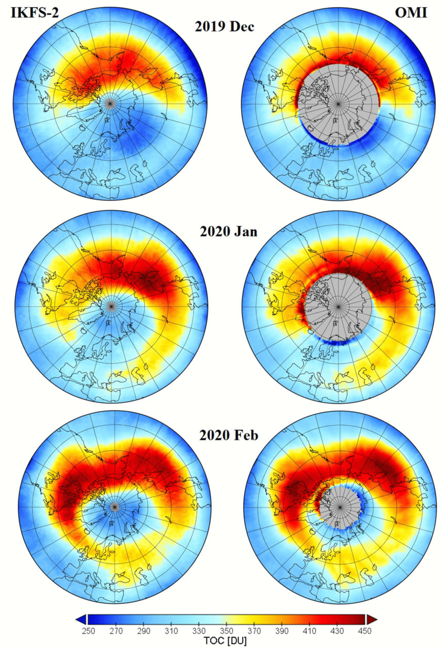 Spatio-temporal distribution of total ozone columns (TOCs) over the North Pole in winter 2019–2020 derived by the IKFS-2 © Remote Sensing