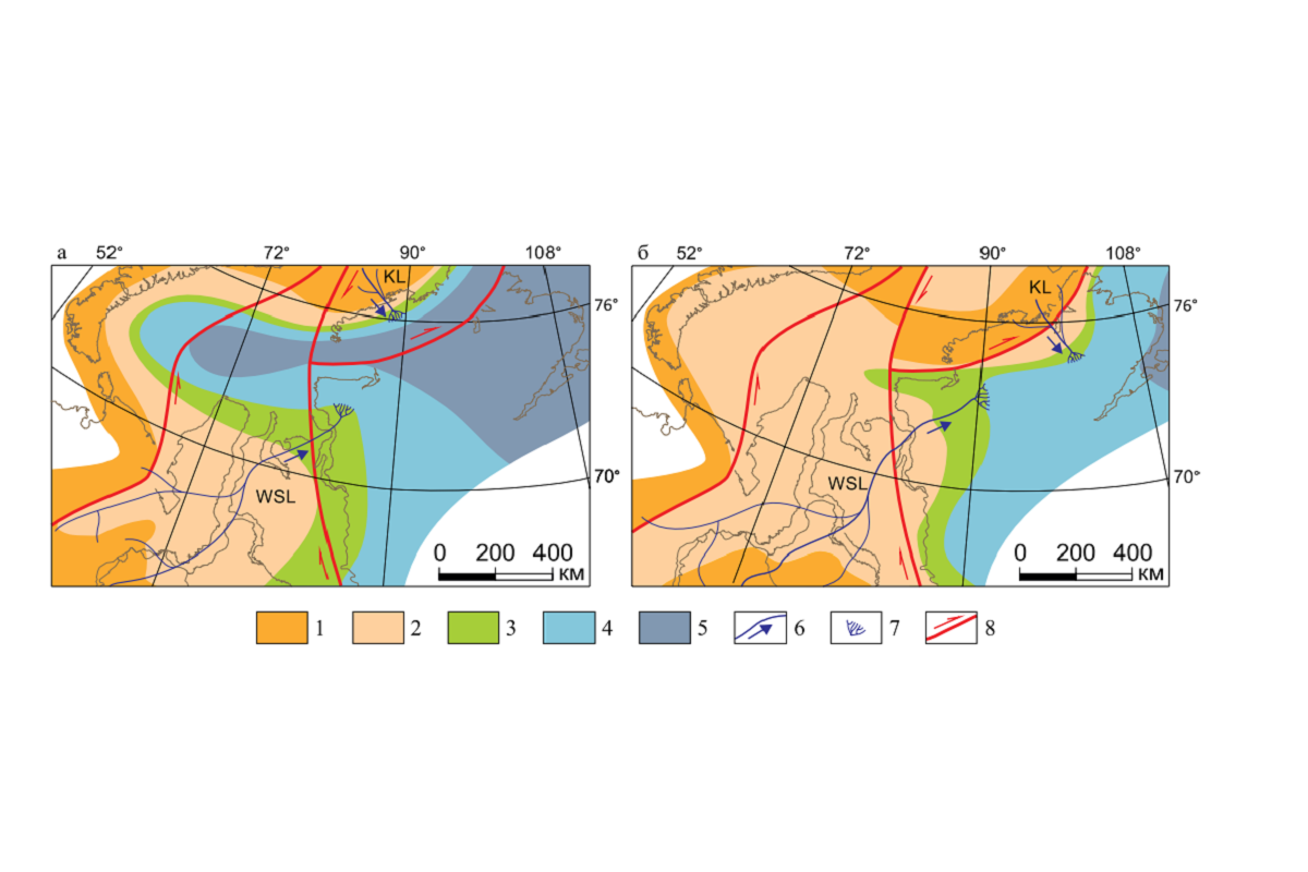 Paleogeographic situation at the beginning of the Early (a) and the end of the Late (б) Permian in the Taymyr sedimentation basin and adjacent areas (in modern coordinates). Taken from the journal "Lithosphere (Russia"