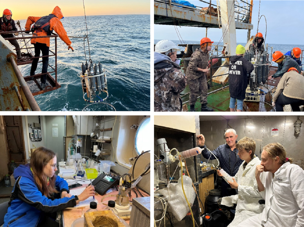 Student participation in&nbsp;scientific expeditions organised by&nbsp;POI FEB RAS: lifting a&nbsp;hydrological probe and water sampling (above); conducting hydrochemical analyses and preparing samples to&nbsp;determine tritium content (below) (photos by&nbsp;V&nbsp;B Lobanov).