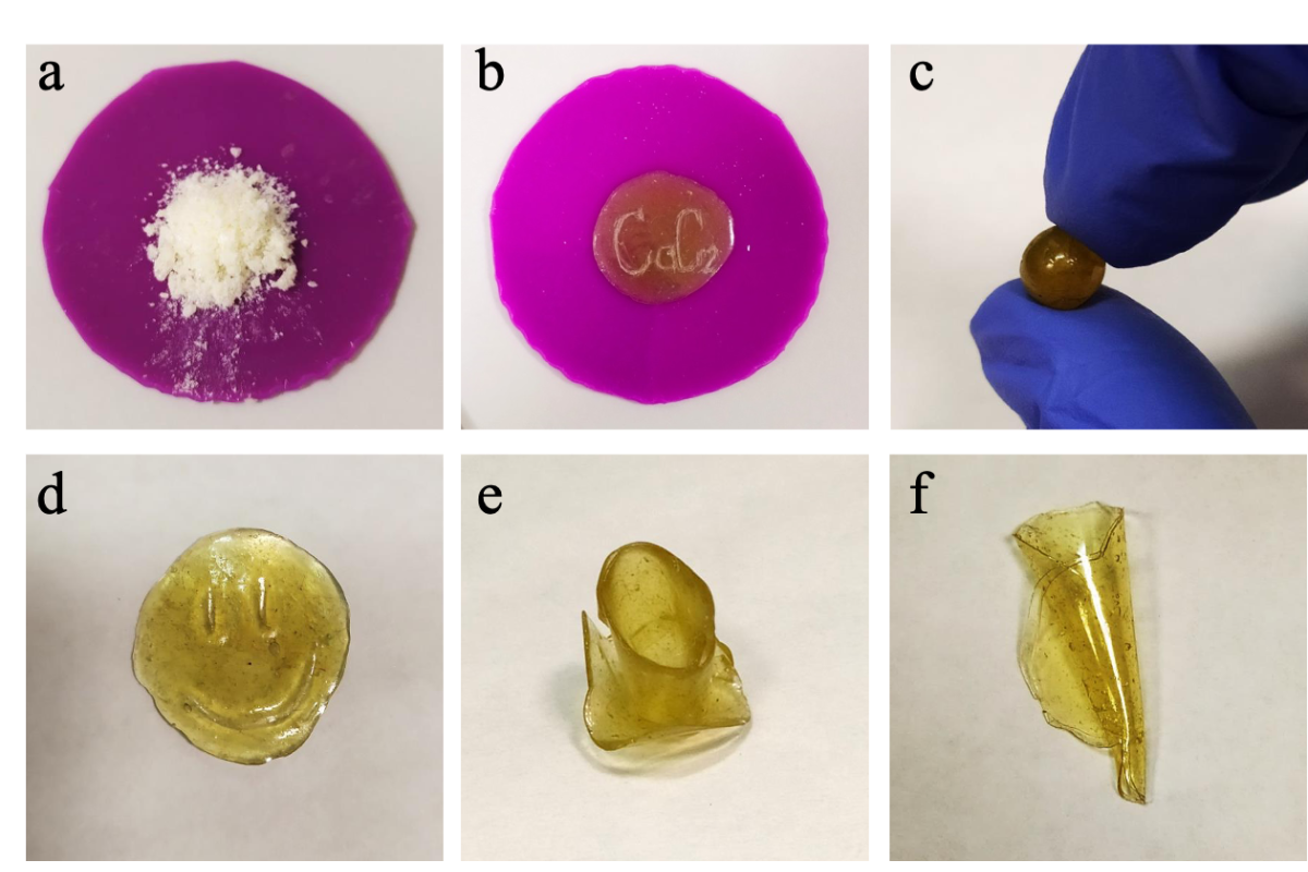 Mechanical treatment of mitranol-based polymers: а — primary polymer as white powder; b — melted polymer, c-f — various forms of the polymer after being melted repeatedly